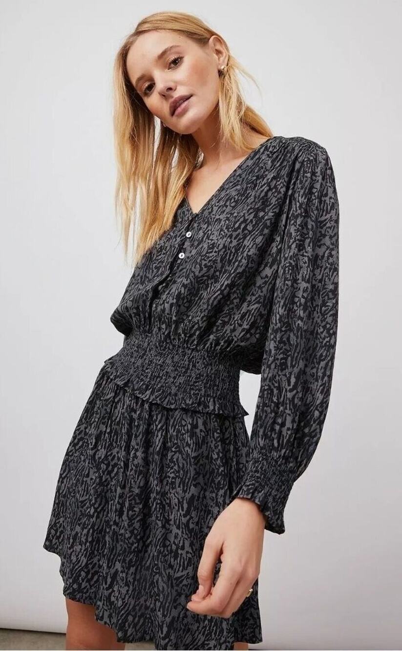 Rails XS Zana Dress Charcoal Gray Abstract Animal Smocked Long Sleeve Mini